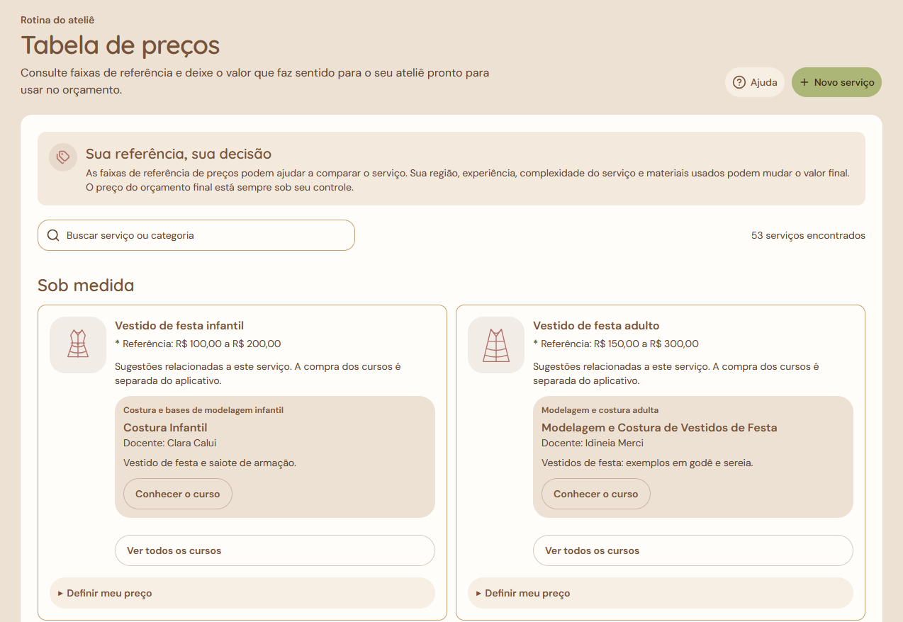 Tela de Serviços e preços do Meu Ateliê Maximus, com a tabela de preços de referência e serviços de costura sob medida