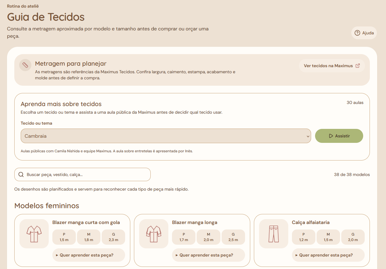 Tela do Guia de tecidos do Meu Ateliê Maximus, com a metragem de referência por modelo e tamanho das peças